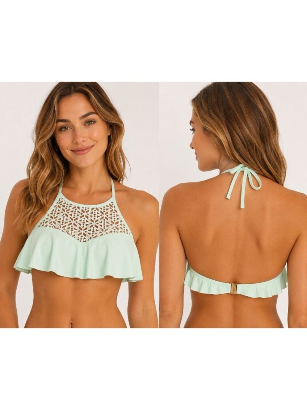 Attard State Swim Bikini Top Womens Medium Mint Green Ruffle Halter Swimwear